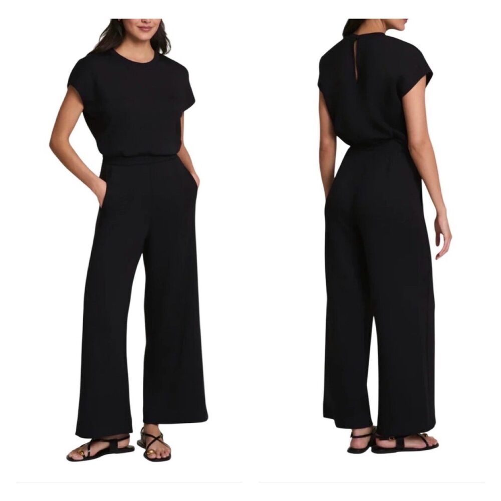SPANX Air Essentials Cap Sleeve Zip Back Wide Leg Black Jumpsuit, Sz M